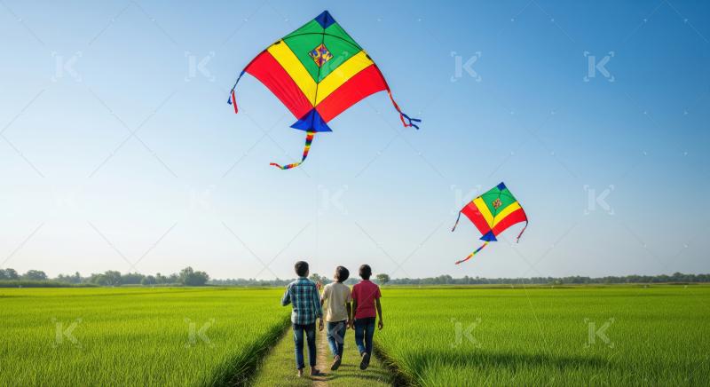 Boys walk through green rice fields flying colorful kites.