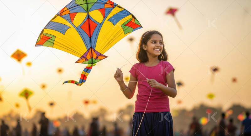 Joyful Indian girl celebrates kite festival during golden hour.