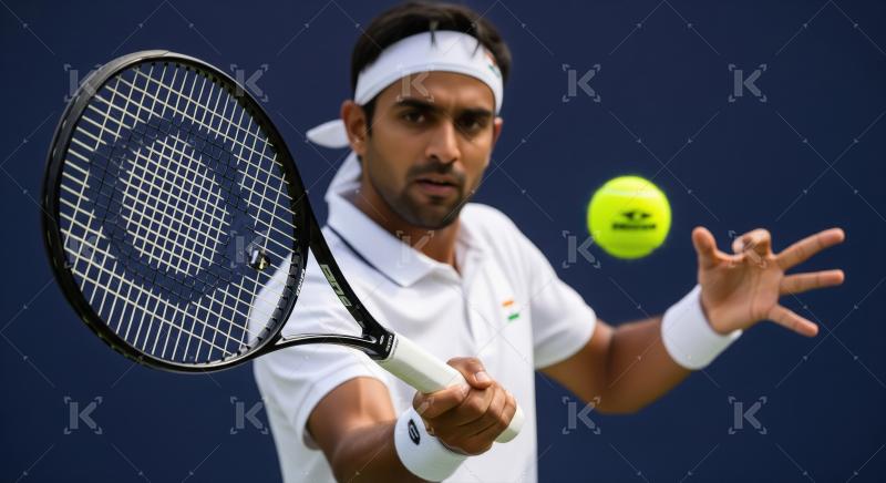 Indian tennis player with racket, ready for intense action