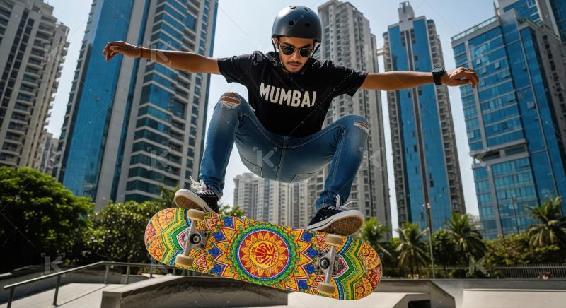 Dynamic Skateboarder Performs Mid-Air Trick in Sunny Mumbai City