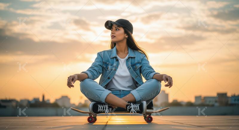 Urban girl chilling on skateboard during golden hour sunset