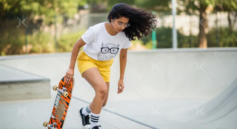 Young Woman Skater with Glasses in Urban Skatepark