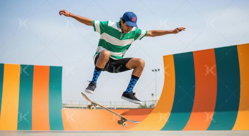Young Skateboarder Mid-Air Jump at Vibrant Outdoor Skatepark