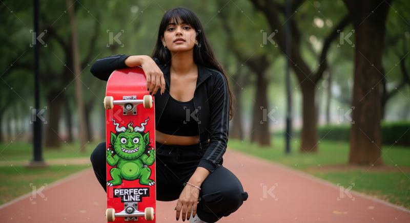 Confident Young Woman with Skateboard Posing in Park