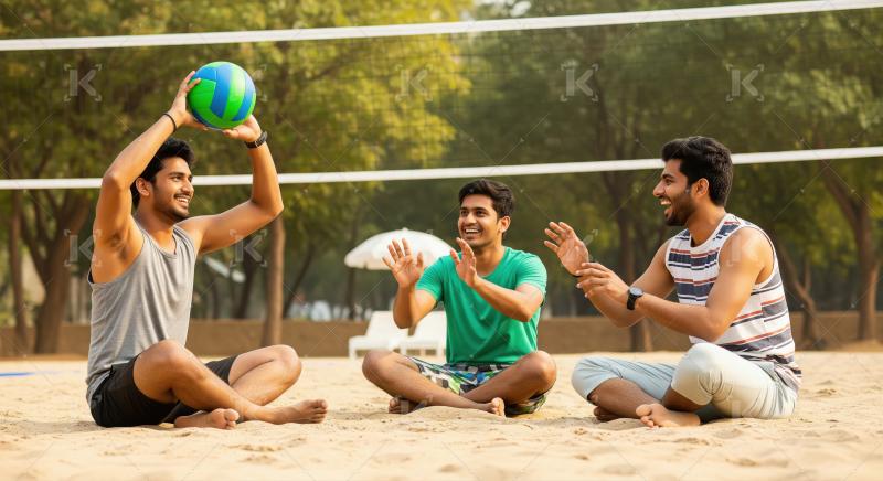 Happy Young Indian Men Playing Volleyball on Sandy Court