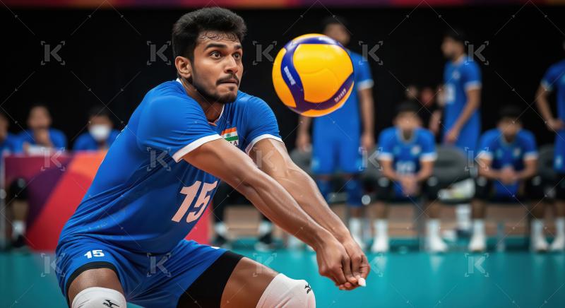 Indian Volleyball Player Focuses on Receiving Ball in Game
