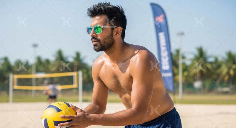 Man Focused on Beach Volleyball Game under Sunny Sky