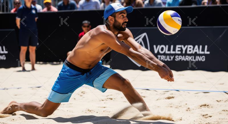 Male Beach Volleyball Player Digs Ball in Intense Match