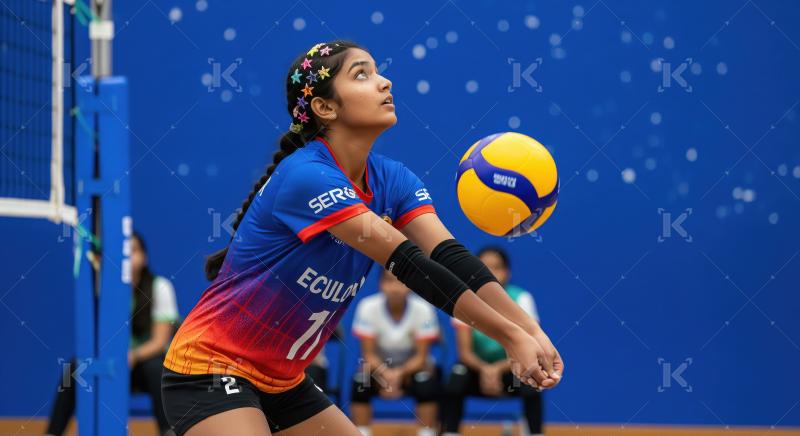 Focused Young Female Volleyball Player Bumps Ball on Court