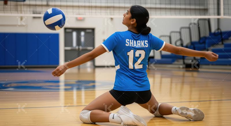 Young Female Volleyball Player Diving for Ball on Indoor Court