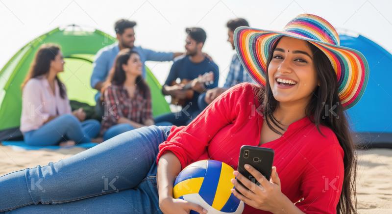 Joyful friends camping, woman with hat, volleyball, and phone.