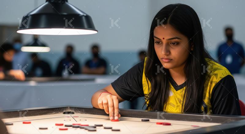 Focused Young Woman Playing Carrom Board Game