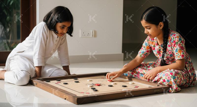 Indian Girls Enjoying Traditional Carrom Board Game Indoors