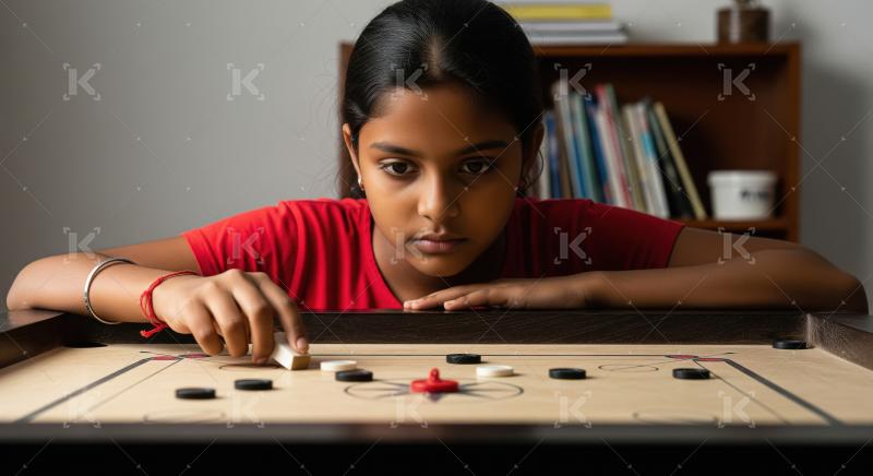 Young Indian Girl Intensely Playing Traditional Carrom Board Gam