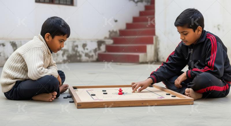 Young Indian Boys Enthusiastically Playing Traditional Carrom Bo