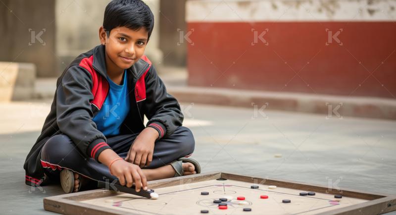 Young Indian Boy Playing Carrom Board Game Smiling