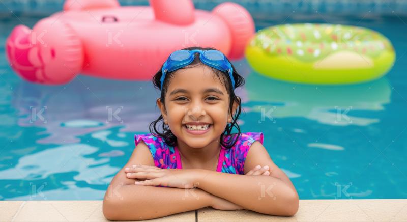 Joyful girl at the pool, ready for summer water fun