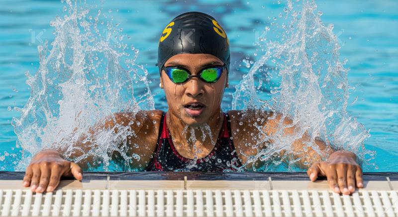 Determined Swimmer Emerges from Pool, Creating Powerful Water Sp
