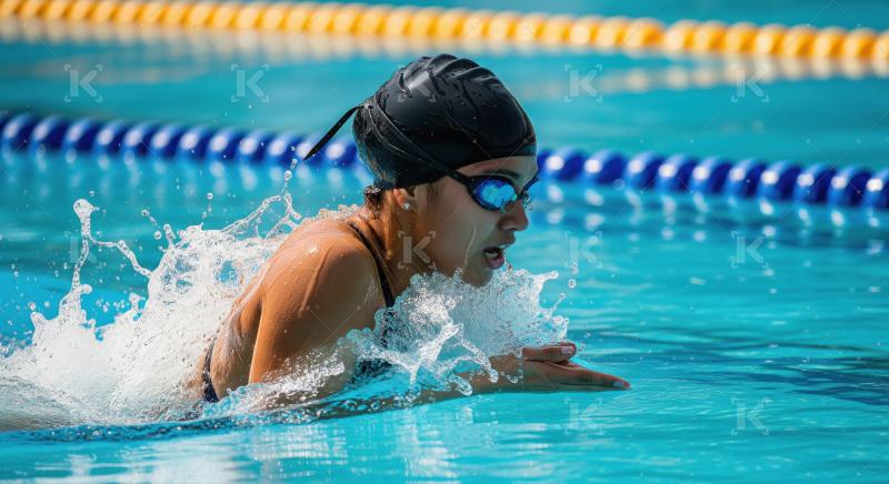 Focused Female Swimmer Powers Through Water, Creating Dynamic Sp