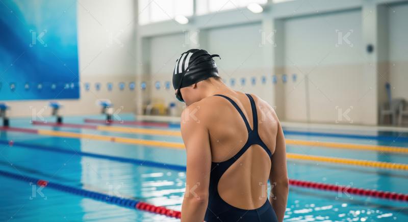 Female swimmer standing at pool edge, ready to compete