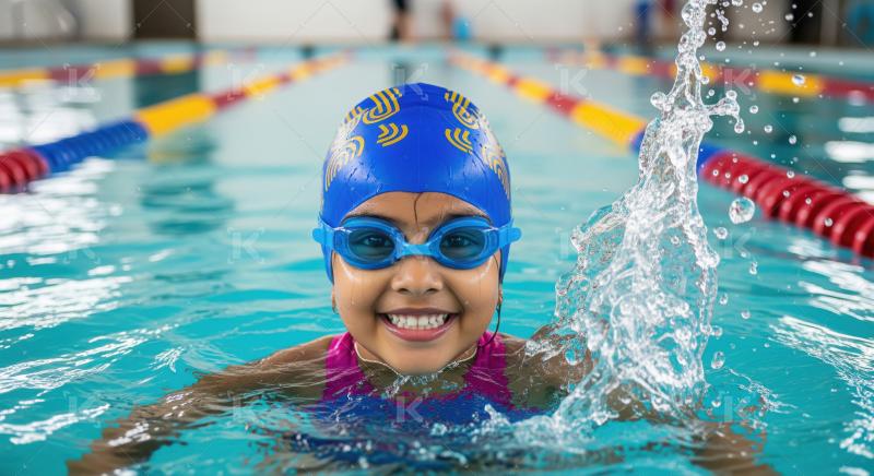 Happy Young Girl Splashing Water in Blue Swimming Pool