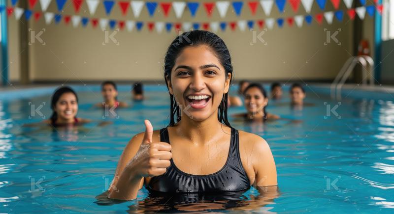 Cheerful Indian Woman Giving Thumbs-Up in Indoor Swimming Pool