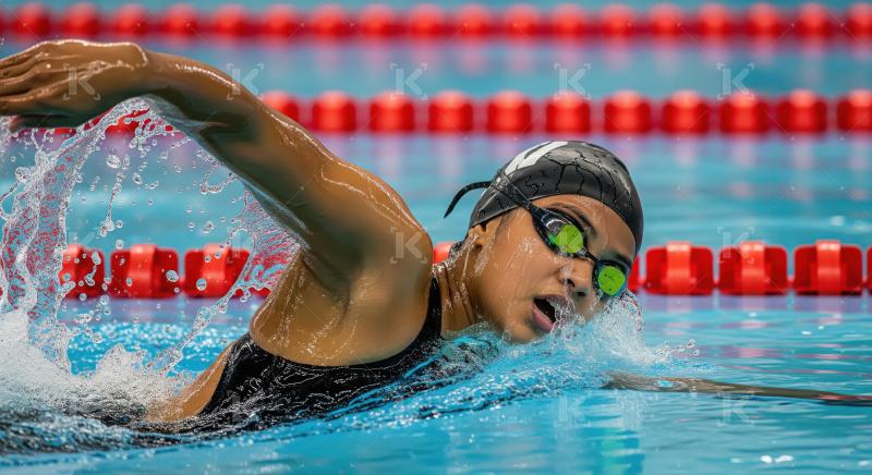 Female swimmer in intense freestyle race with water splashing
