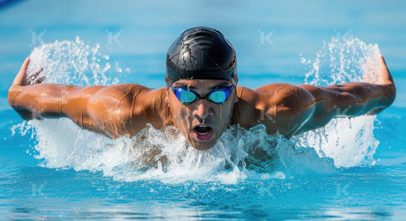 Dynamic male swimmer executes powerful butterfly stroke, creatin