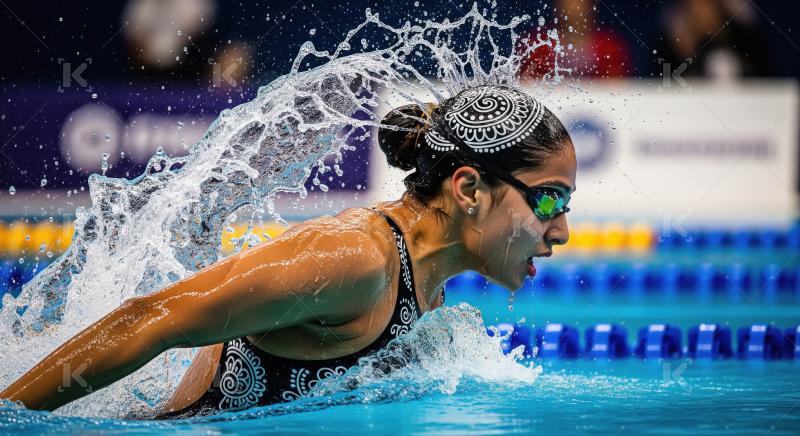 Female Swimmer Emerges from Water with Powerful Splash
