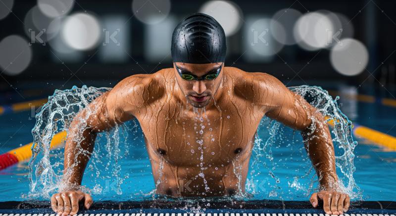 Determined Male Swimmer Pushing Off Pool Edge with Water Splash