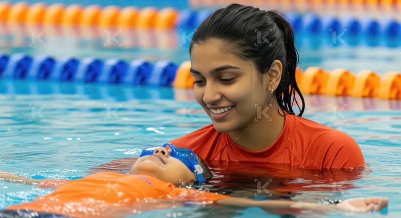 Swimming Instructor Teaches Child Floating in Indoor Pool Lesson