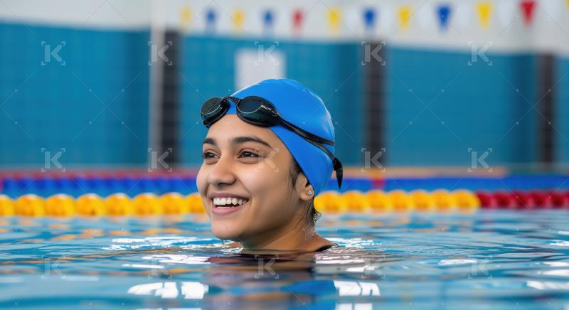 Smiling Young Woman Swimmer in Pool with Goggles