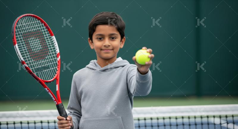 Happy young tennis player holding racket and ball on court.