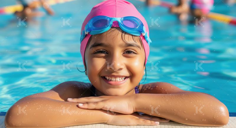Happy Young Girl Smiling in Swimming Pool with Goggles