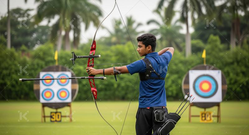 Determined Young Archer Aims Recurve Bow at Outdoor Range Target