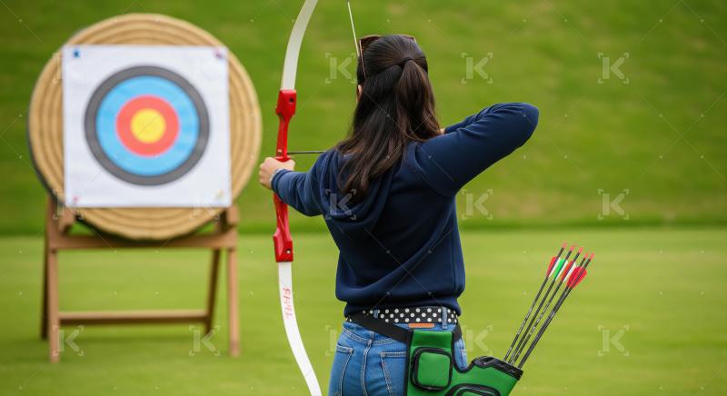 Woman Practicing Archery, Aiming Bow at Outdoor Target