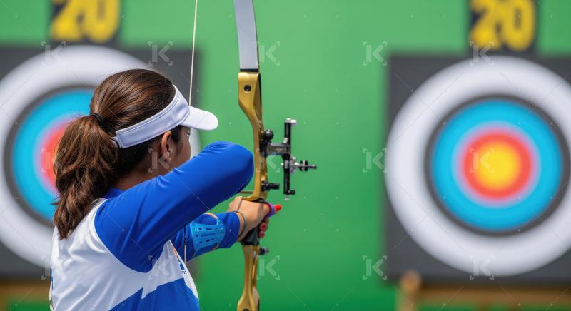 Focused archer aiming at targets during outdoor sports competiti
