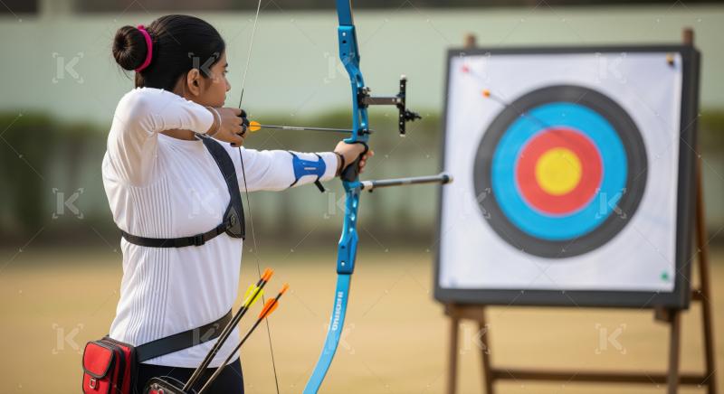 Focused archer takes aim with recurve bow at target.