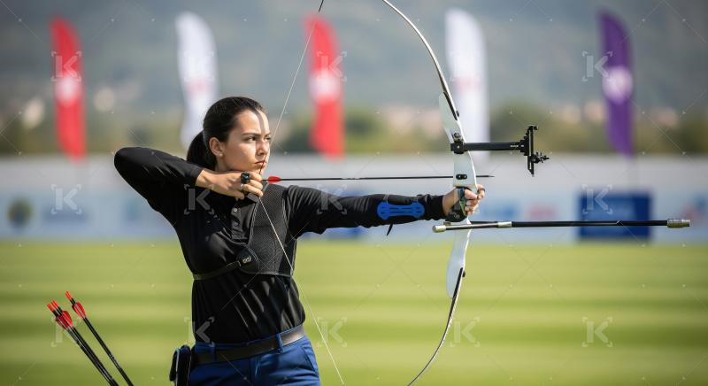 Focused Female Archer Aims Recurve Bow at Outdoor Competition