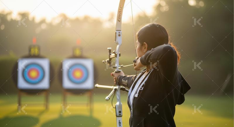 Focused woman archer aims at target during golden hour practice