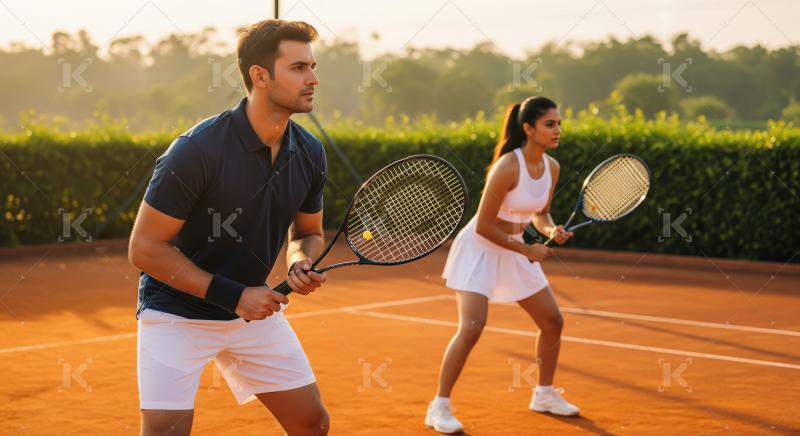 Focused Tennis Players on Clay Court During Golden Hour