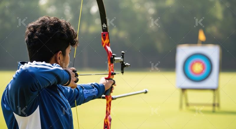 Young Archer Aiming Recurve Bow at Outdoor Target