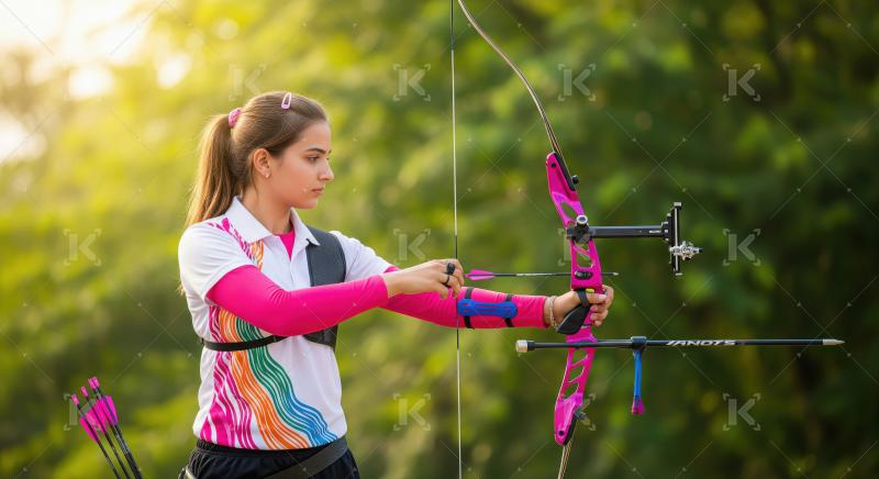 Focused Young Female Archer Aiming Pink Recurve Bow Outdoors