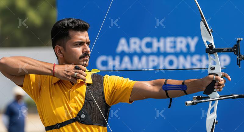 Male archer aiming bow and arrow at archery championship
