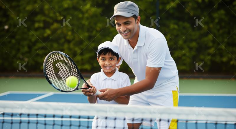 Father Teaching Son Tennis, Enjoying Sport on Court