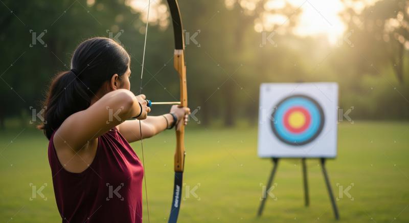 Focused Female Archer Aims Bow and Arrow at Outdoor Target