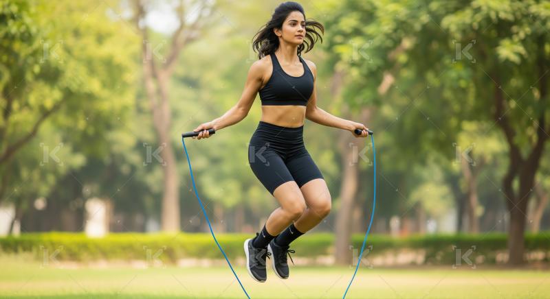 Fit Indian Woman Jumps Rope, Outdoor Fitness Training in Park