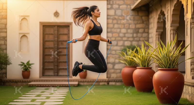 Young Indian woman skipping rope in a beautiful sunny courtyard.