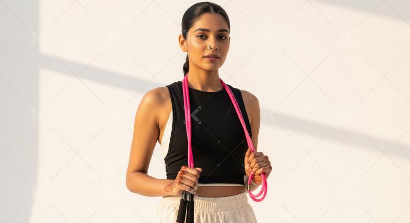Young Indian Woman Ready for Workout with Jump Rope