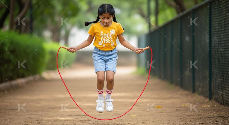 Young Indian girl happily skipping rope outdoors in a park